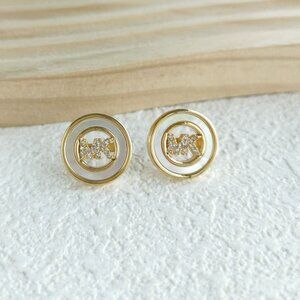 Michael Kors Pave Logo Crystal Gold Disc Stud Earrings MKJ7764 NEW